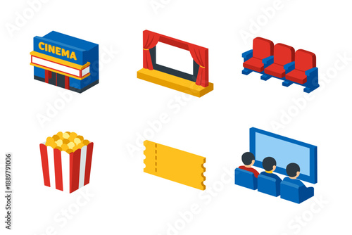 Isometric cinema icons set featuring theater building, movie screen with curtains, seats, popcorn, ticket stub, and audience watching film