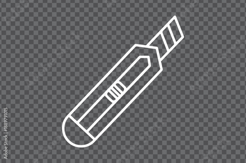 A white line art icon of a retractable utility knife. An isolated and minimalist icon of a craft knife.