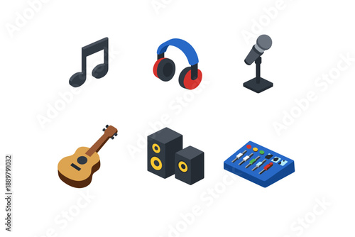 Isometric music and audio icons featuring headphones, microphone, guitar, speakers, mixer console, and musical note on white background