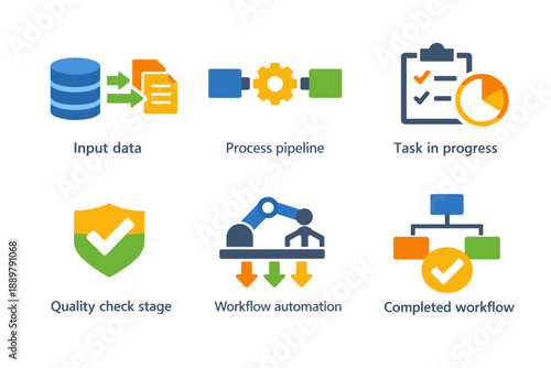 Colorful workflow automation infographic showing input data, processing pipeline, task in progress, quality check, robotic automation, and completed workflow