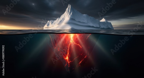 Dramatic iceberg with fiery underwater volcano eruption