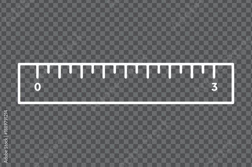 An isolated and minimalist icon of a ruler for measuring. A white line art icon of a simple ruler.