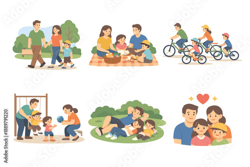 Collection of cheerful family activities outdoors, including walking in the park, picnic on a blanket, cycling together, playground fun, and relaxing on grass