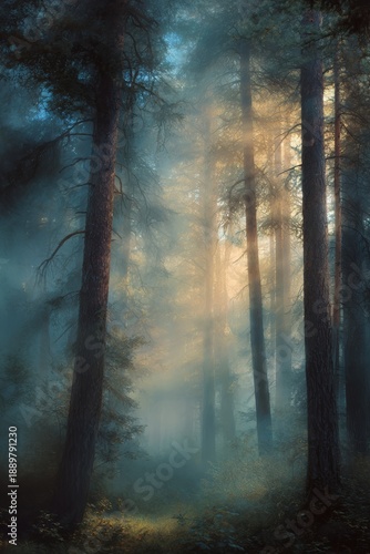 Dreamy ancient forest at dawn, soft mist between tall trees, gentle glowing light rays, calm and magical atmosphere, natural color palette, cinematic depth, fine art realism, serene mood 