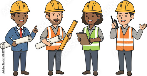Team of four construction workers or engineers with blueprints and walkietalkie