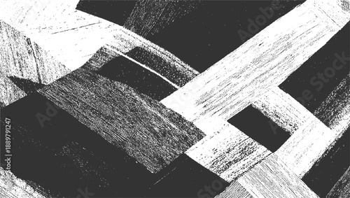 Abstract monochrome textured geometric shapes with rough brush strokes and grainy detail