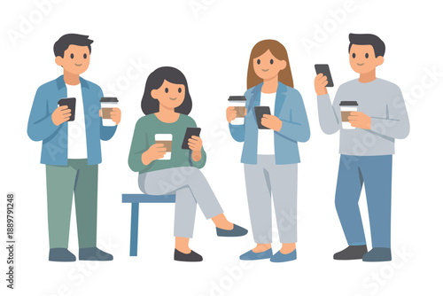 Illustration of young adults holding smartphones and takeaway coffee cups, standing and sitting together while chatting in a casual social setting