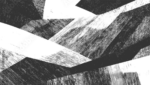Abstract geometric shapes with distressed wood grain texture in black and white
