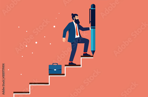Illustration of a bearded man in a suit climbing stairs with a large pen as a railing. A briefcase rests below. The background is salmon pink.