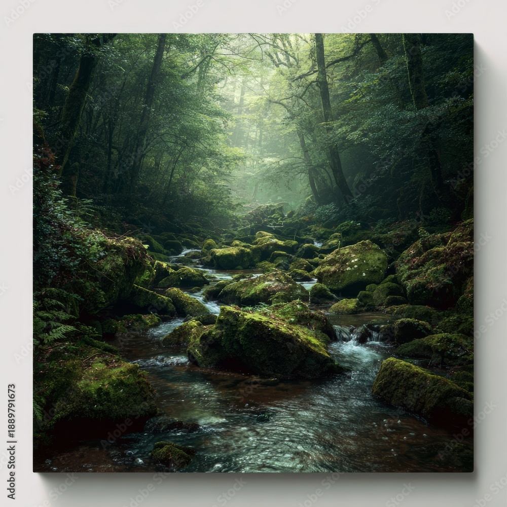 custom made wallpaper toronto digitalHidden forest river flowing through mossy stones, diffused light through trees, mystical yet natural feeling, quiet cinematic mood, high-end wall art aesthetic
