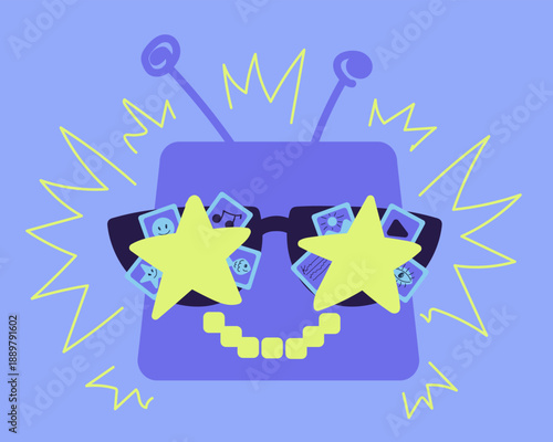 Blue and lemon cartoon outline AI robot creation text, video, art, music content