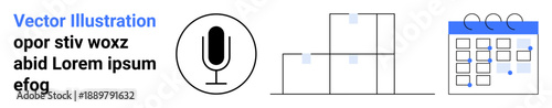 Communication, scheduling, logistics, voice recording, productivity, organization tools. A microphone, stacked boxes and a calendar with blue accents. Communication and scheduling concepts