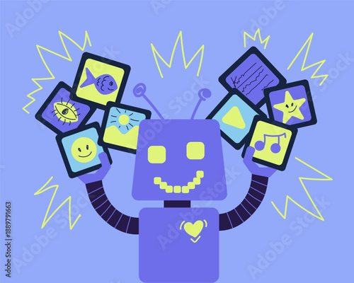 Blue and lemon cartoon outline AI robot creation text, video, art, music content