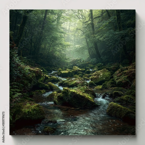 Wallpaper Mural Hidden forest river flowing through mossy stones, diffused light through trees, mystical yet natural feeling, quiet cinematic mood, high-end wall art aesthetic Torontodigital.ca