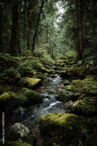 Wallpaper Mural Hidden forest river flowing through mossy stones, diffused light through trees, mystical yet natural feeling, quiet cinematic mood, high-end wall art aesthetic Torontodigital.ca