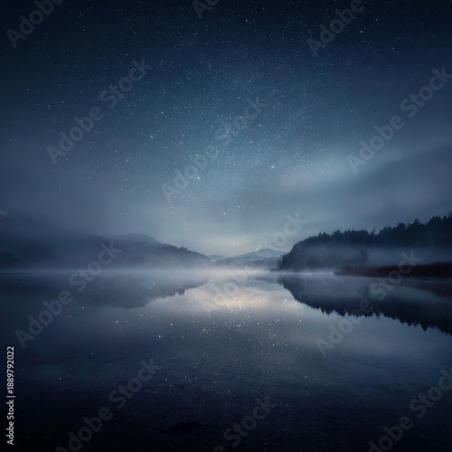 Wallpaper Mural Still lake reflecting a star-filled night sky, subtle moonlight glow, soft fog hovering above the water, dreamlike silence, cinematic wide shot, ultra-detailed fine art Torontodigital.ca