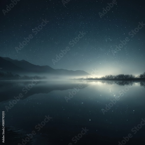 Wallpaper Mural Still lake reflecting a star-filled night sky, subtle moonlight glow, soft fog hovering above the water, dreamlike silence, cinematic wide shot, ultra-detailed fine art Torontodigital.ca