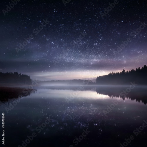 Wallpaper Mural Still lake reflecting a star-filled night sky, subtle moonlight glow, soft fog hovering above the water, dreamlike silence, cinematic wide shot, ultra-detailed fine art Torontodigital.ca