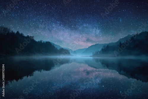 Wallpaper Mural Still lake reflecting a star-filled night sky, subtle moonlight glow, soft fog hovering above the water, dreamlike silence, cinematic wide shot, ultra-detailed fine art Torontodigital.ca