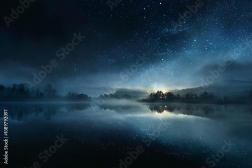 Wallpaper Mural Still lake reflecting a star-filled night sky, subtle moonlight glow, soft fog hovering above the water, dreamlike silence, cinematic wide shot, ultra-detailed fine art Torontodigital.ca