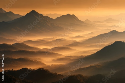 Wallpaper Mural Surreal mountain landscape at sunrise, layered mist in the valleys, warm golden light touching the peaks, tranquil and timeless feeling, minimal composition, fine art landscape  Torontodigital.ca