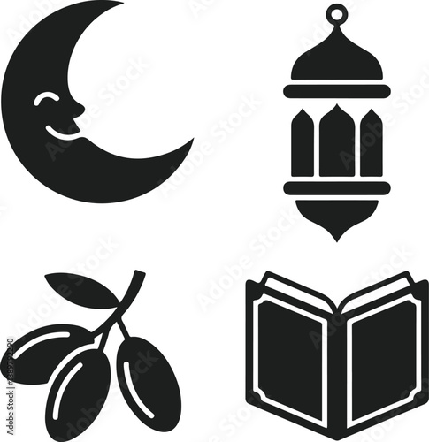Ramadan and eid icons set crescent moon, lantern, olives branch, and open quran book