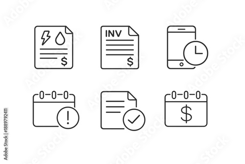 Minimal line icons for billing and finance management featuring invoices, smartphone reminders, due date calendar alerts, payments, and check marks
