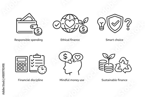 Minimal line icon set illustrating responsible spending, ethical and sustainable finance, smart choices, financial discipline, and mindful money use