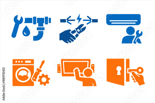 Set of maintenance and technical support icons showing repair tools, handshake agreement, customer service, appliance fixing, touchscreen help, and door security