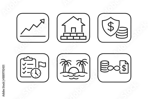 Minimal line icon set illustrating growth chart, home construction, financial security, planning checklist, tropical vacation, and investment returns
