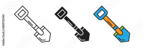 Shovel equipment icons for gardening, construction work, and digging tasks, provided in versatile outline, silhouette, and flat color design styles.
