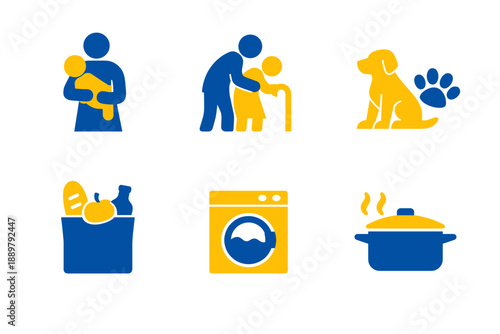 Set of simple blue and yellow icons showing caregiving, elder assistance, pet care, grocery shopping, laundry washing machine, and cooking pot at home