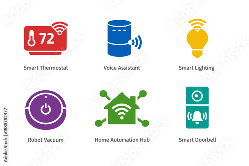 Smart home technology icon set featuring thermostat, voice assistant, smart lighting, robot vacuum, home automation hub, and smart doorbell symbols