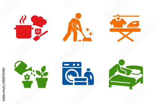 Colorful household chore icons showing cooking, floor cleaning, ironing, plant watering, laundry washing, and bed making for home maintenance