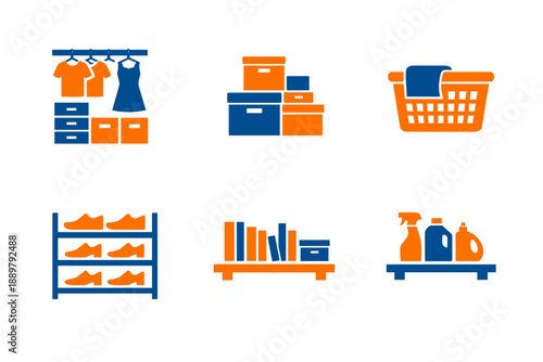 Minimal flat vector set of home organization icons showing wardrobe storage, stacked boxes, shopping basket, shoe rack, bookshelf, and cleaners