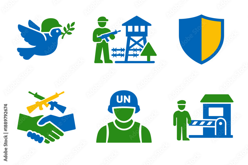 Fototapeta premium Vector icons illustrating peace and security concepts with dove, armed guard, watchtower, handshake, peacekeeper helmet, checkpoint booth, and shield