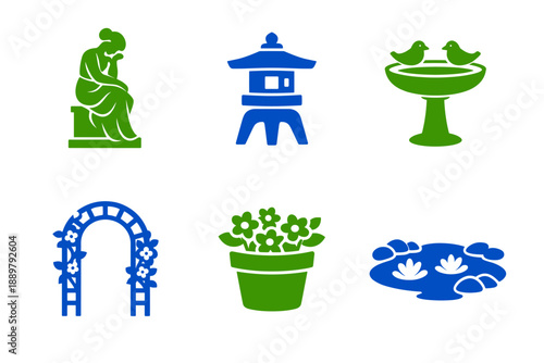 Garden icon set with statue, lantern, birdbath, trellis arch, flowerpot, and lily pond elements in blue and green silhouette style