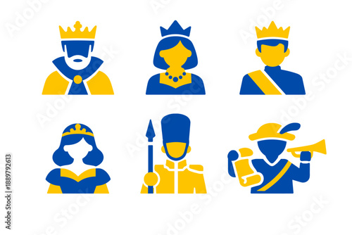 Flat vector set of royal and medieval characters including king, queen, prince, princess, guard, and herald in blue and yellow icons