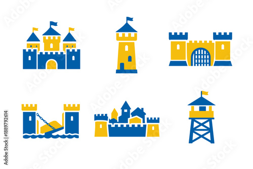 Set of flat blue and yellow medieval fortifications including castles, towers, gatehouse, watchtower, bridge, and battlements icons on white background