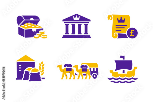 Set of flat vector icons depicting treasure chest, banking building, royal decree with coin, grain storage, camel caravan, and sailing ship on white