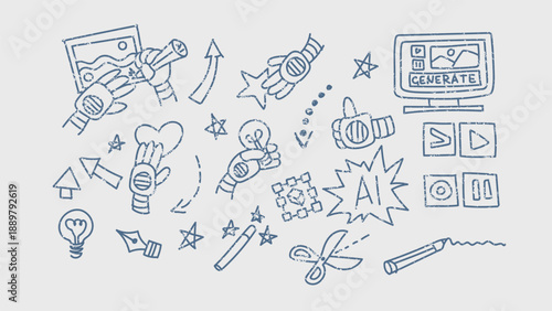 Set of doodle icon elements. Ai interface retro style illustration
