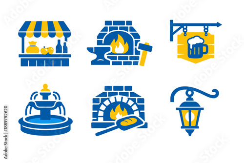 Set of six stylized outdoor icons featuring market stall, masonry fireplace, hanging beer sign, fountain, pizza oven with peel, and street lantern