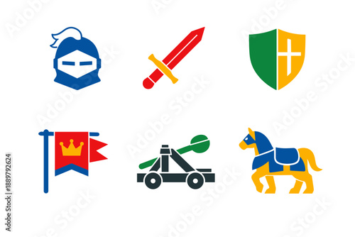 Colorful medieval fantasy icons set featuring a knight helmet, sword, shield with cross, royal banner, siege catapult, and armored horse illustration