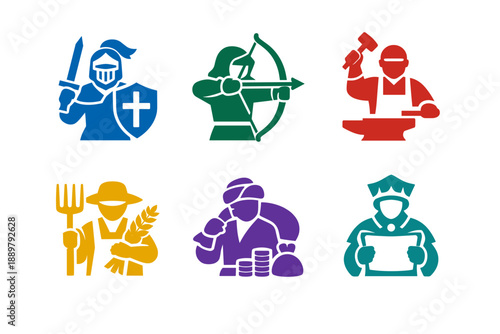 Set of colorful profession icons showing knight, archer, blacksmith, farmer, poker player, and police officer as simple graphic silhouettes