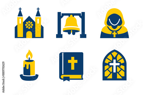 Set of religious vector icons featuring church building, bell, nun, candle, holy book, and stained glass window with cross in blue and yellow