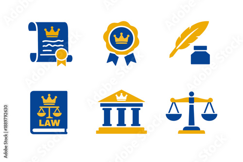 Set of legal and justice icons with certificate, award badge, ink quill and inkwell, law book, courthouse building, and balance scales