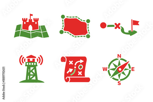 Cartography and navigation icon set featuring map with castle, route and flag marker, surveying tower, strategy plan scroll, and compass directions