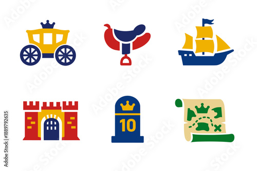 Colorful medieval fantasy icon set featuring royal carriage, saddle, sailing ship, castle gate, milestone marker, and treasure map symbols