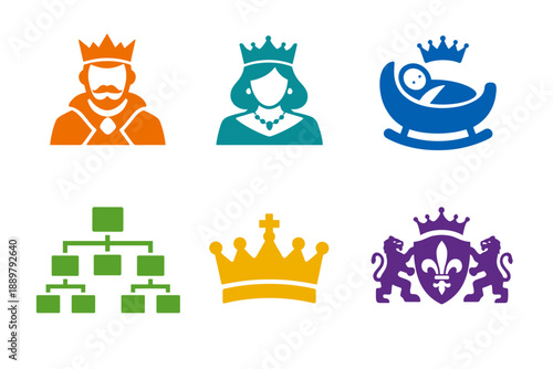 Set of colorful royalty-themed icons featuring king, queen, baby in cradle, heraldic crown, family hierarchy diagram, and coat of arms symbols
