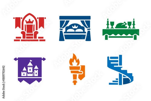 Set of colorful flat icons depicting royal throne, canopy bed, banquet table, medieval castle, flaming torch, and spiral staircase in minimalist style